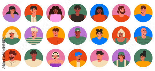 Set of people's portraits vector flat illustration. Different man and woman faces at round frame.  User profile, avatar icons.