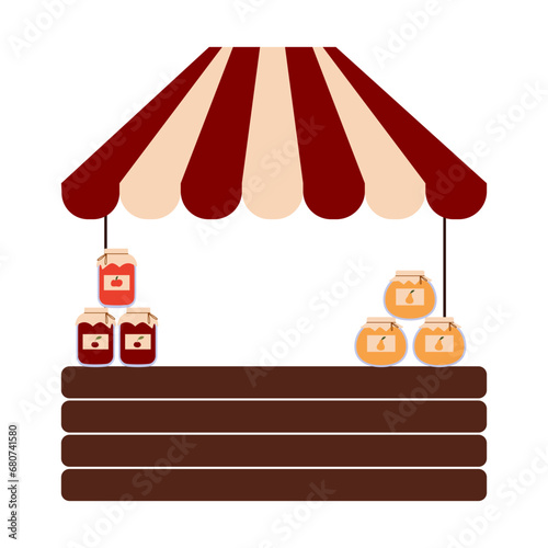 Local street market. Outdoor market stall with jam. Street festival.
