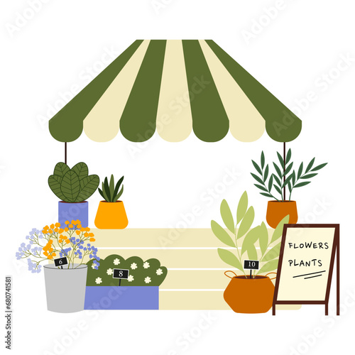 Street market fair. Outdoor market stall vector flat illustration. Local market stall with plants and Flowers.