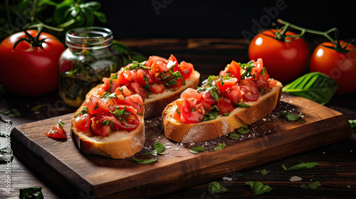 Rustic bruschetta with vibrant tomatoes and basil, high-quality details AI generative 