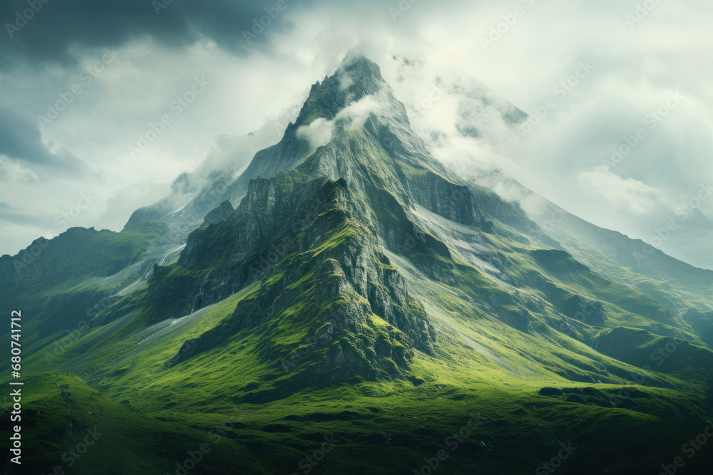 A mountain peak shrouded in mist, showcasing the majesty of the natural world. Concept of adventure and exploration. Generative Ai.