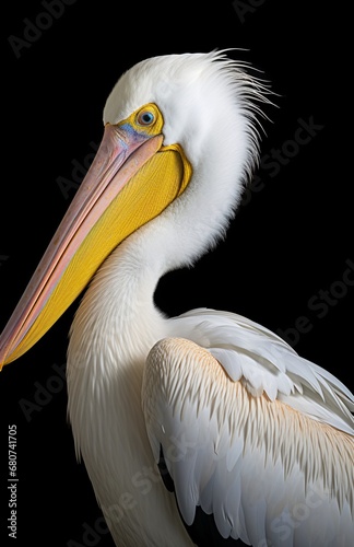 white pelican with long yellow beak on black background, hatching, potrait