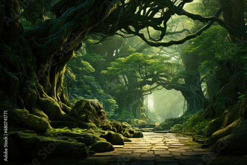 A mystical forest path with ancient trees and a hint of enchantment. Concept of adventure and magic. Generative Ai.