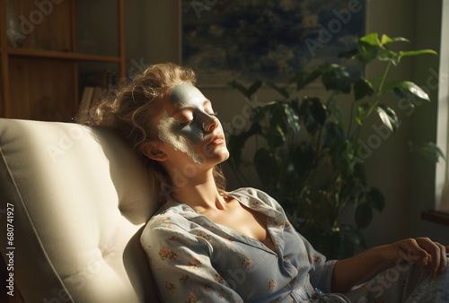 woman applies facial mask on a couch, interplay of light, firecore, recontextualized