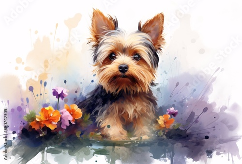 yorkshire terrier at the flower in watercolor design  realistic landscape paintings  playful characters  spray painted realism