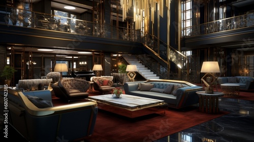 "Compose an image of an executive lounge, blending opulent textiles and polished metals."