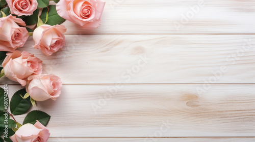 Roses on Wooden Background, Beautiful Flowers, Summer Floral, Copy Space. Generative AI