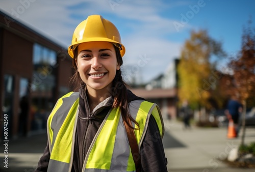 young female construction worker smiling wearing hardhat and safety vest, social media portraiture, complex layering, yellow and brown