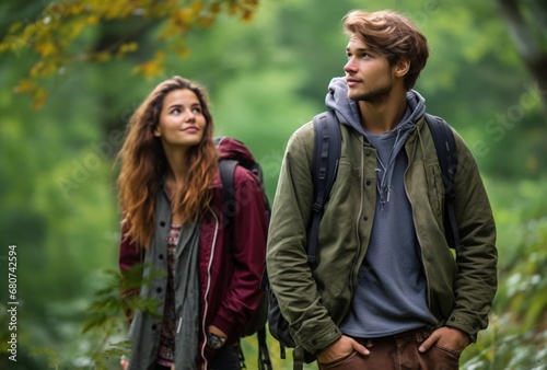 young man and woman hiking hiking in the forest, vibrant colorism, pensive stillness
