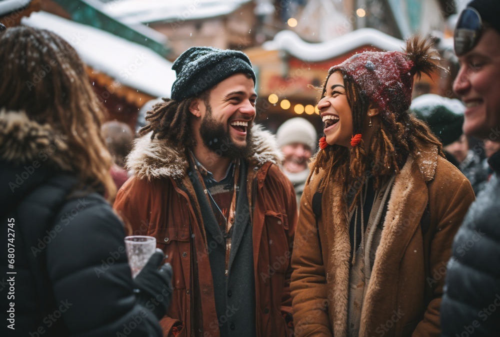 young people in winter warm costume laughing and drinking at a market, light amber and indigo, multicultural fusion, swiss style