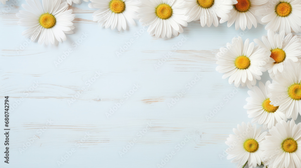 Fototapeta premium Shasta Daisies on Wooden Background, Beautiful Flowers, Summer Floral, Copy Space. Generative AI