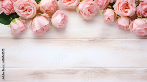 Roses on Wooden Background, Beautiful Flowers, Summer Floral, Copy Space. Generative AI © BussarinK