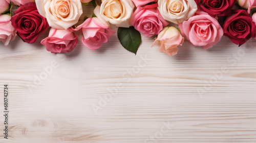 Roses on Wooden Background, Beautiful Flowers, Summer Floral, Copy Space. Generative AI