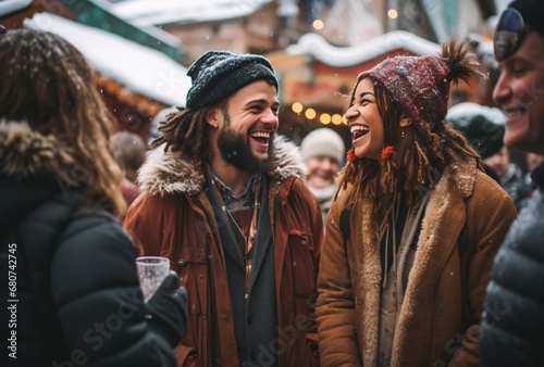young people in winter warm costume laughing and drinking at a market, light amber and indigo, multicultural fusion, swiss style © IgnacioJulian