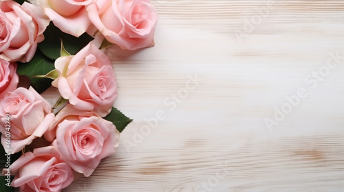 Roses on Wooden Background, Beautiful Flowers, Summer Floral, Copy Space. Generative AI