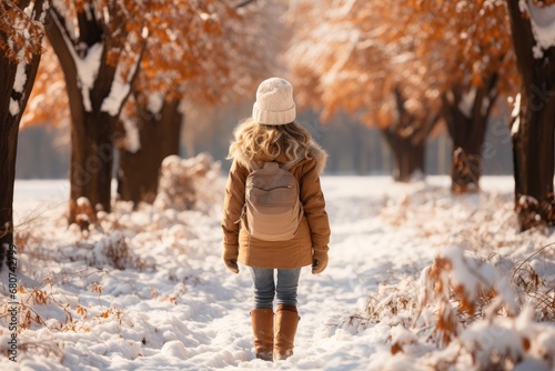 Rear view little girl walking on a snowy road in the park in winter.