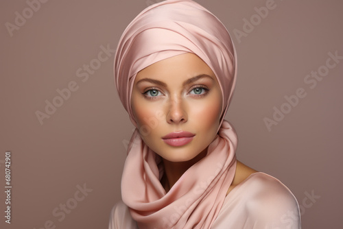 A woman wearing a stylish headscarf, embracing the concept of fashionable solutions to hair loss. Generative Ai. photo