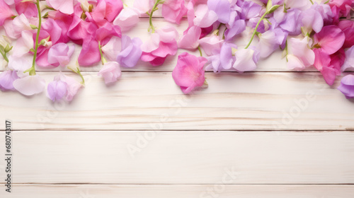 Sweet Peas on Wooden Background, Beautiful Flowers, Spring Floral, Copy Space. Generative AI