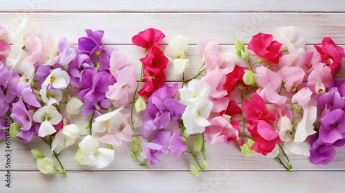 Sweet Peas on Wooden Background, Beautiful Flowers, Spring Floral, Copy Space. Generative AI