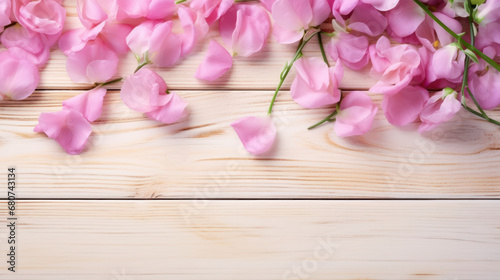 Sweet Peas on Wooden Background, Beautiful Flowers, Spring Floral, Copy Space. Generative AI