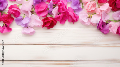 Sweet Peas on Wooden Background, Beautiful Flowers, Spring Floral, Copy Space. Generative AI