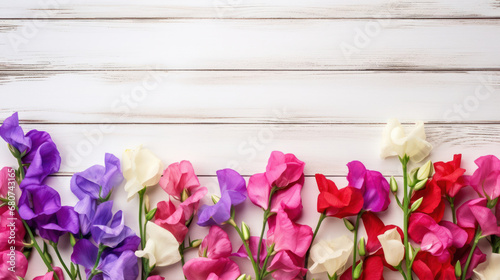 Sweet Peas on Wooden Background, Beautiful Flowers, Spring Floral, Copy Space. Generative AI