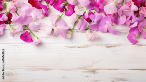 Sweet Peas on Wooden Background, Beautiful Flowers, Spring Floral, Copy Space. Generative AI