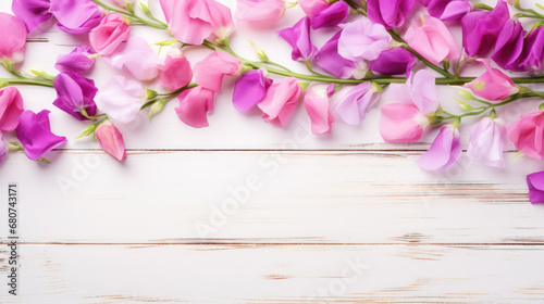 Sweet Peas on Wooden Background, Beautiful Flowers, Spring Floral, Copy Space. Generative AI