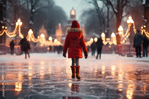 Beautiful little cute girl learn to skate on ice skating rink in park. Fall down and have fun. Stylish look, warm woolen coat, hat, scarf, snood. Winter family activities, sport, games outdoors.