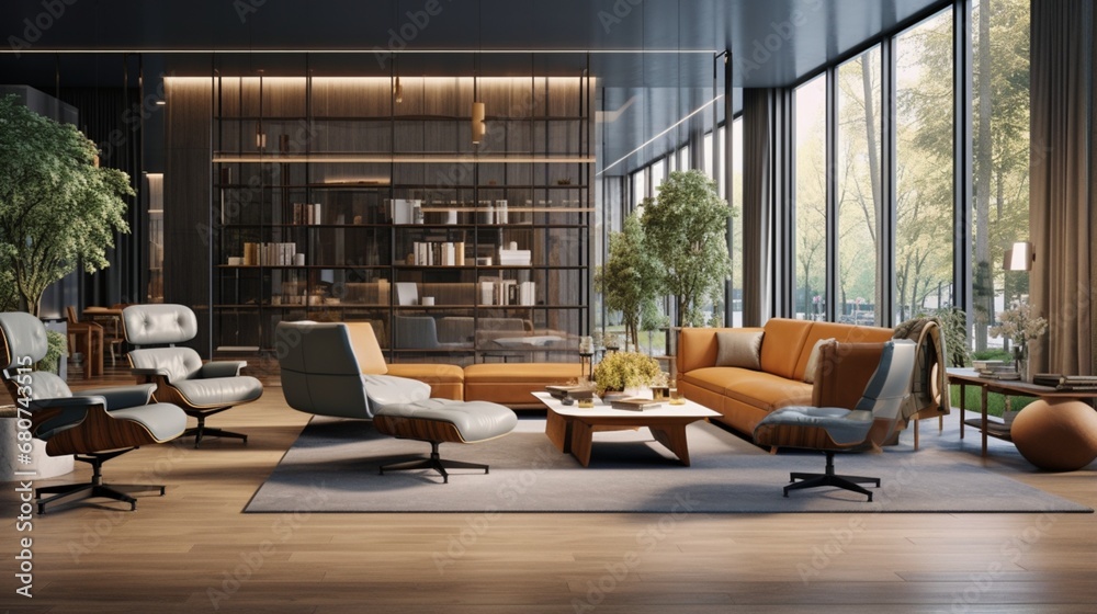Design an office lounge that exudes relaxation and sophistication, a retreat from the demands of the workday.