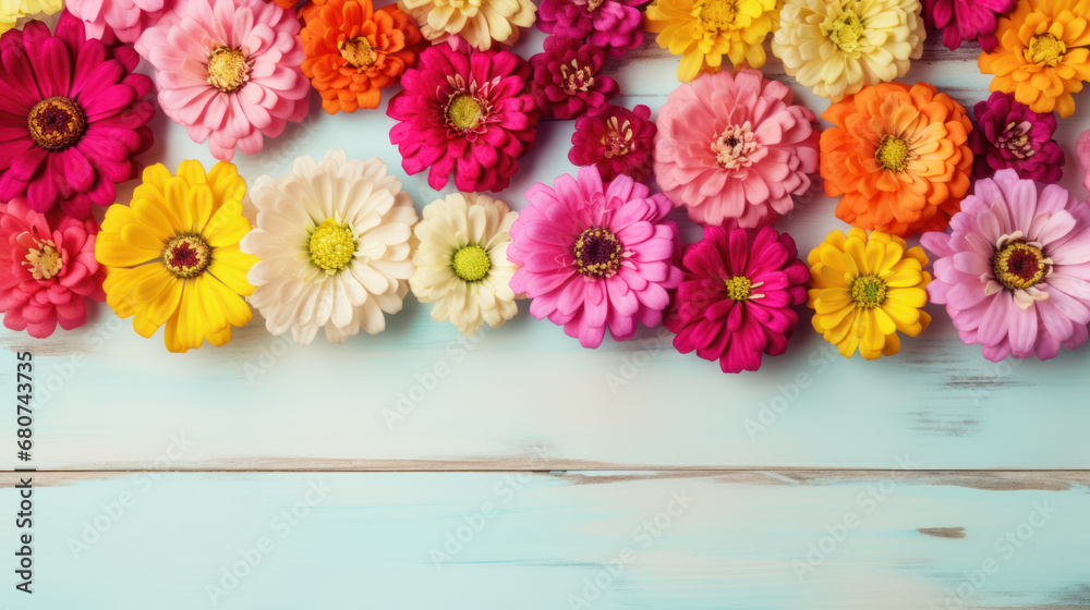 Zinnias on Wooden Background, Beautiful Flowers, Summer Floral, Copy Space. Generative AI