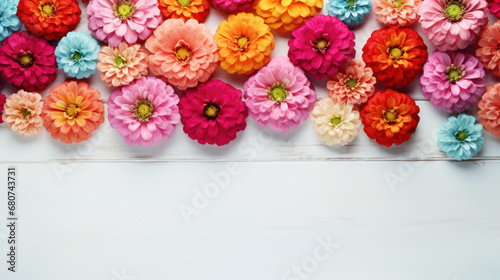 Zinnias on Wooden Background, Beautiful Flowers, Summer Floral, Copy Space. Generative AI © BussarinK