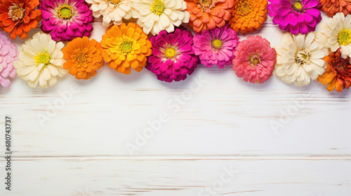Zinnias on Wooden Background  Beautiful Flowers  Summer Floral  Copy Space. Generative AI