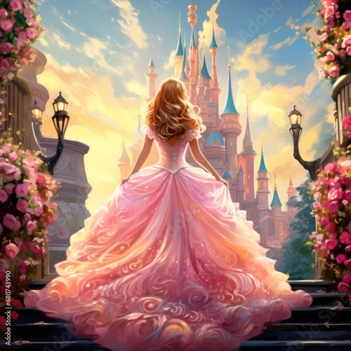 Enchanting fairy tale princess with vibrant dress, castle backdrop, flowers, Generative AI
