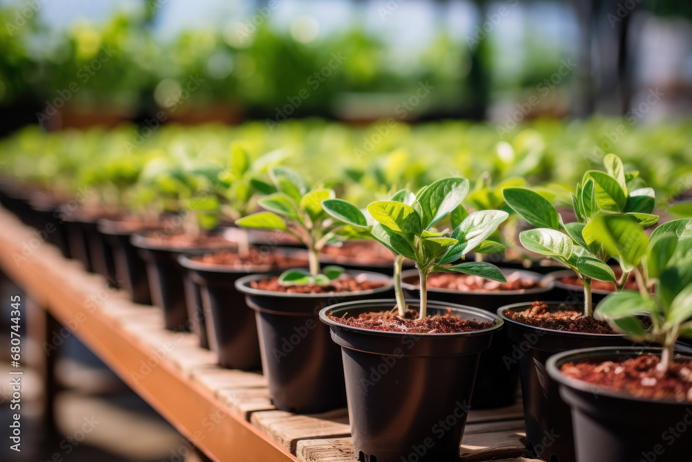 Rows of potted ornamental plants in a greenhouse nursery, highlighting the horticultural aspect of greenhouse cultivation. Generative Ai. Rows of potted ornamental plants in a greenhouse nursery, highlighting the horticultural aspect of greenhouse cultivation. Generative Ai.