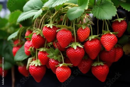 Succulent strawberries ripening on the vine in a greenhouse  supporting sustainable food production. Generative Ai.