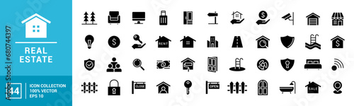 Collection of icons related to real estate, mortgage, property, house buying and selling, rental house icons, editable and resizable EPS 10