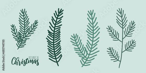 Set of hand drawn xmas branches vector winter floral element. Christmas botanical illustration for presentation, banner, cover, web, flyer, card, sale, poster, slide and social media. 
