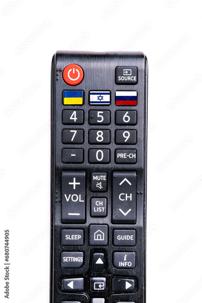 main world news of the wars of Israel, Ukraine, Russia. Television remote control with flags of conflict countries on the first buttons. main world news of the wars of Israel, Ukraine, Russia. Television remote control with flags of conflict countries on the first buttons.