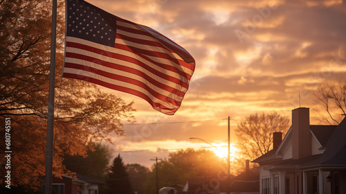 The American Flag in a Tranquil Sunset over a Countryside Town
