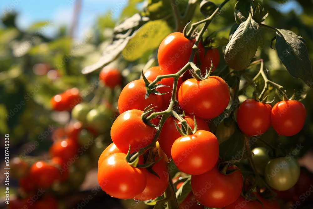 Tomato plants reaching maturity, embodying the farm-to-market principle and fresher produce for consumers. Generative Ai.