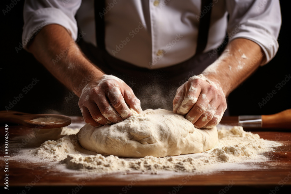 A baker's hands kneading dough on a floured surface, demonstrating the skill of artisan baking. Generative Ai. A baker's hands kneading dough on a floured surface, demonstrating the skill of artisan baking. Generative Ai.