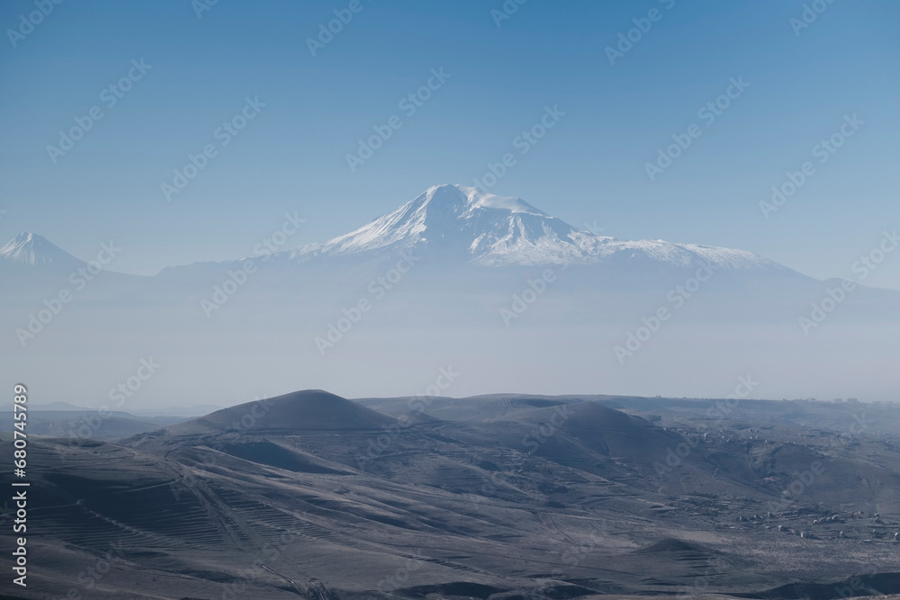 A panorama of the snow-white peak of Mount Ararat in Armenia.