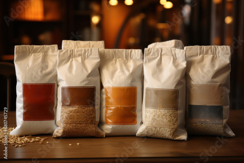 Flour sacks filled with whole grains, promoting nutritious eating habits. Generative Ai. photo