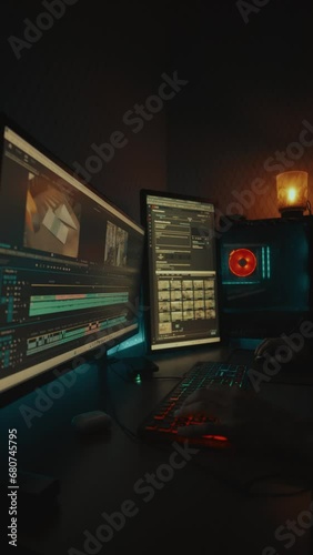 Brightly Lit Empty Interior with Illuminated Screen people working in computer video editing