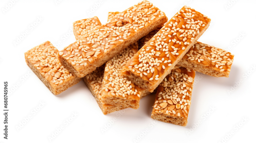 Tasty sweet kozinaki bars and sesame seeds on white background, AI Generative. Tasty sweet kozinaki bars and sesame seeds on white background, AI Generative.