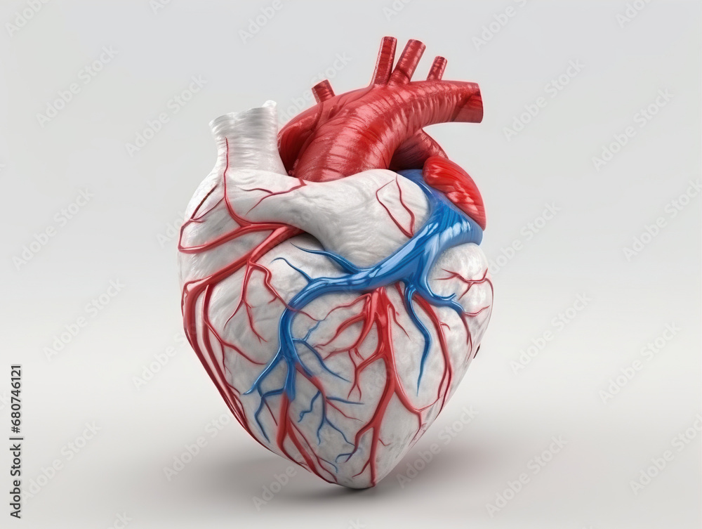 Three-dimensional model of a human heart on a white background. Blue ...