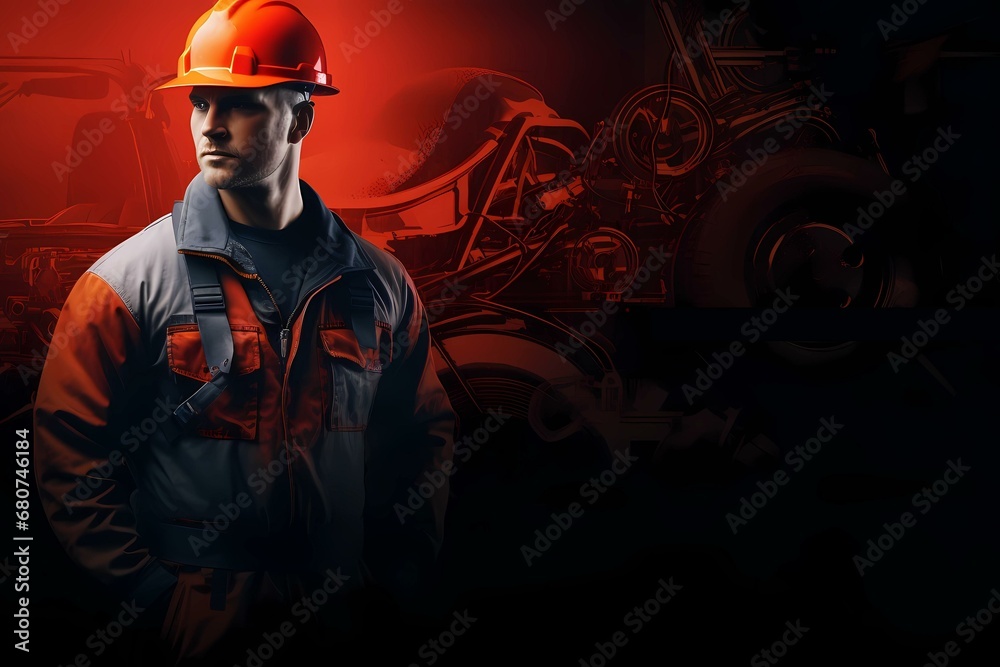 Construction worker with helmet red and black background