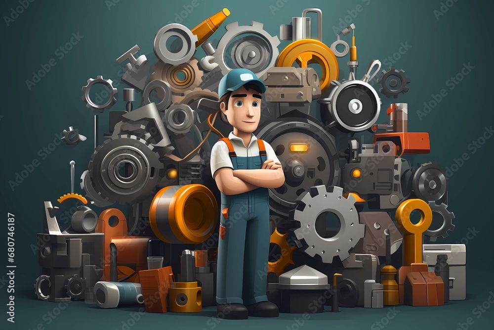Cartoon mechanic with gears backdrop