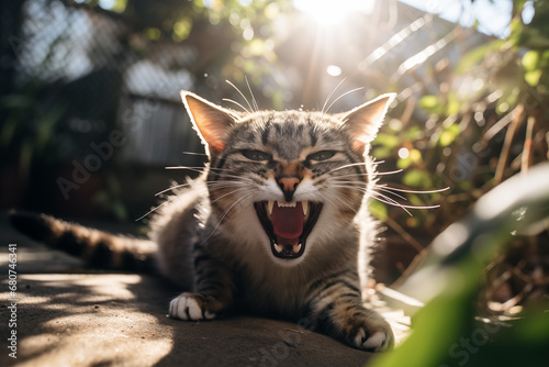Portrait of an angry cat ready to attack. Cat on the street. Homeless animals. photo
